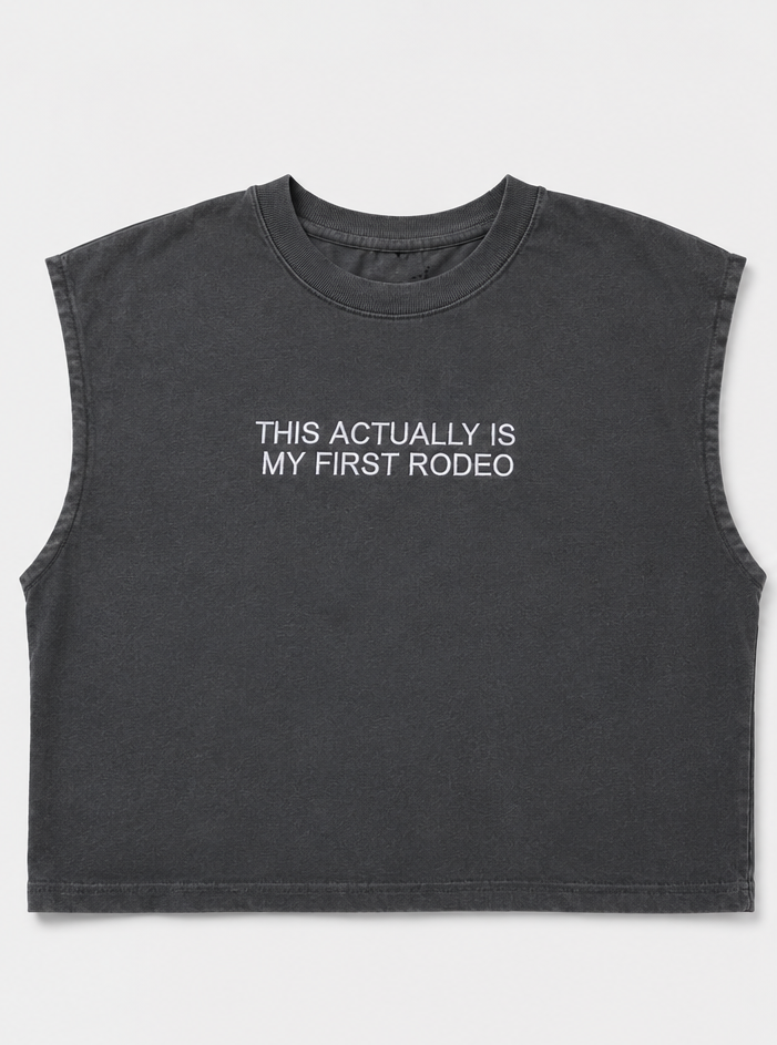 Embroidered This Is My First Rodeo Cropped Tank Top