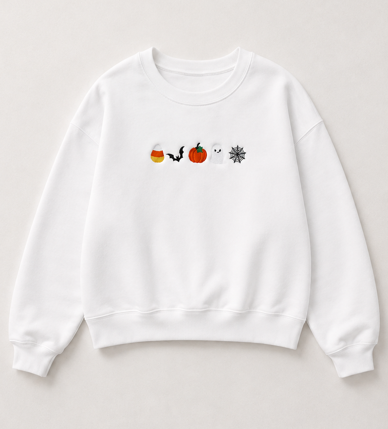 Embroidered Halloween Candy Corn, Bat, Pumpkin, Ghost, Spider Web Crewneck or Hoodie