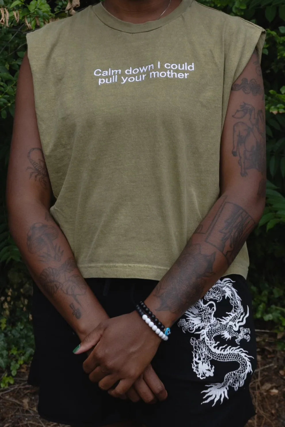 Embroidered Calm Down I Could Pull Your Mother Cropped Tank Top