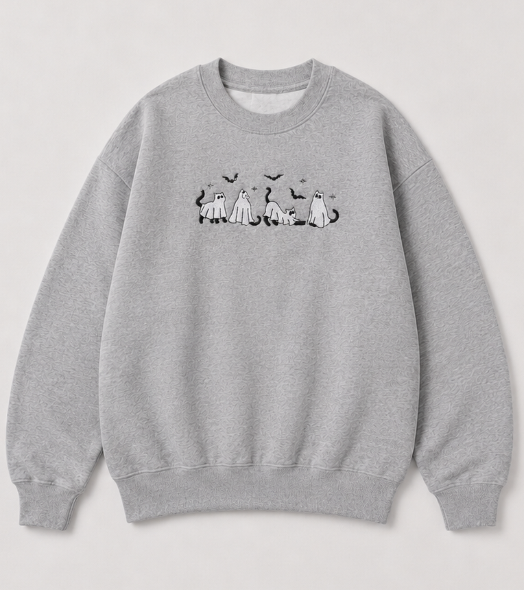 Embroidered Halloween Ghost Cats Crewneck or Hoodie