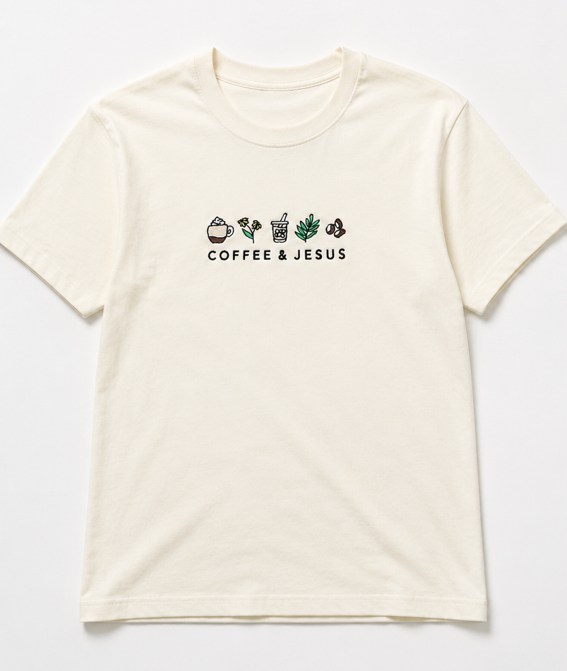 Embroidered Coffee and Jesus T-Shirt