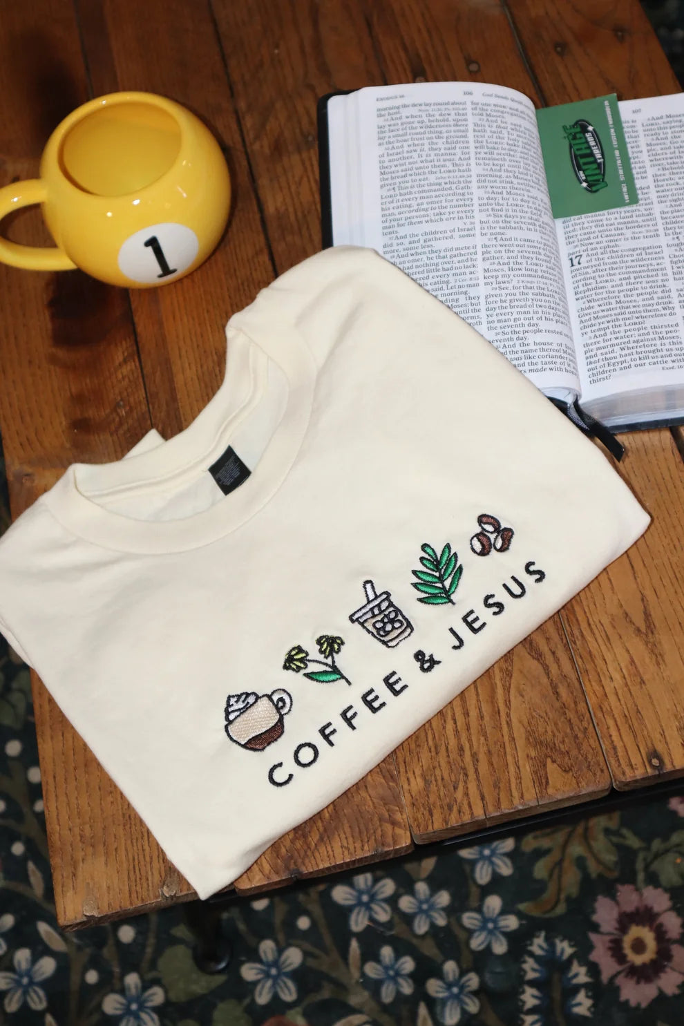 Embroidered Coffee and Jesus T-Shirt