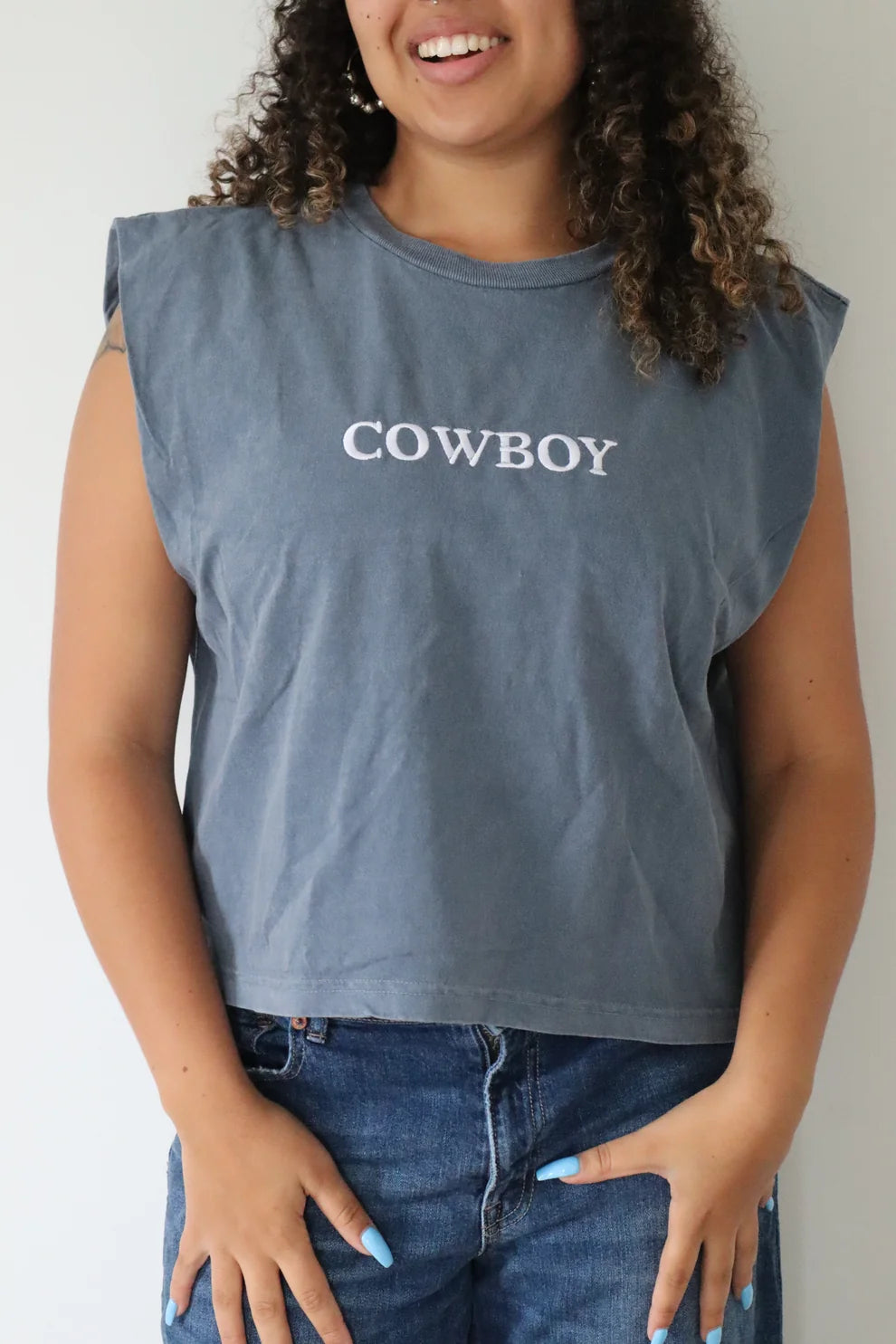 Embroidered Cowboy Cropped Tank Top