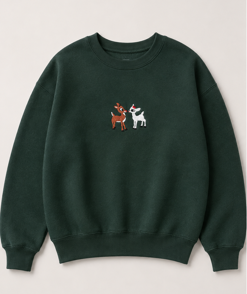 Embroidered Christmas Deer Crewneck or Hoodie