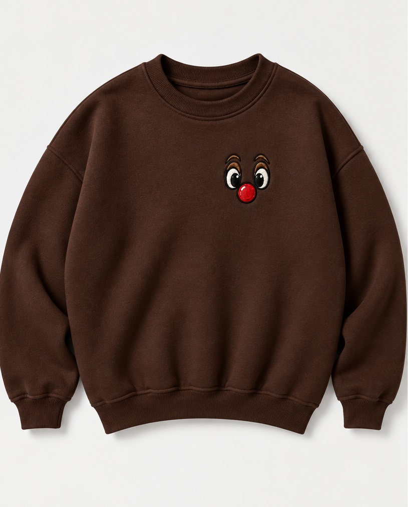 Embroidered Christmas Reindeer Face Crewneck or Hoodie