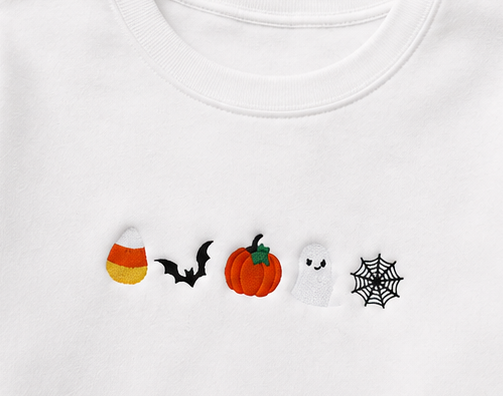 Embroidered Halloween Candy Corn, Bat, Pumpkin, Ghost, Spider Web Crewneck or Hoodie