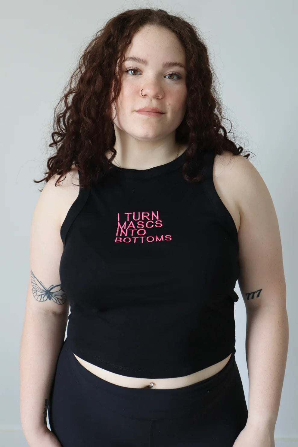 Embroidered I Turn Mascs Into Bottoms Cropped Tank Top