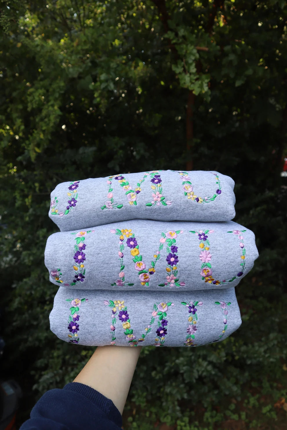 Embroidered JM Floral Crewneck or Hoodie
