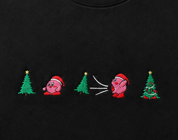 Embroidered Pink Guy Eating Christmas Tree Crewneck or Hoodie