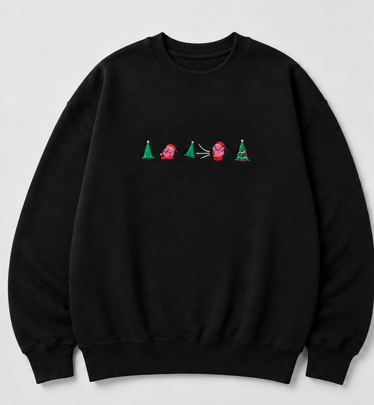 Embroidered Pink Guy Eating Christmas Tree Crewneck or Hoodie