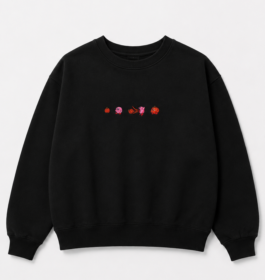 Embroidered Halloween Pink Guy Eating Pumpkin Crewneck or Hoodie