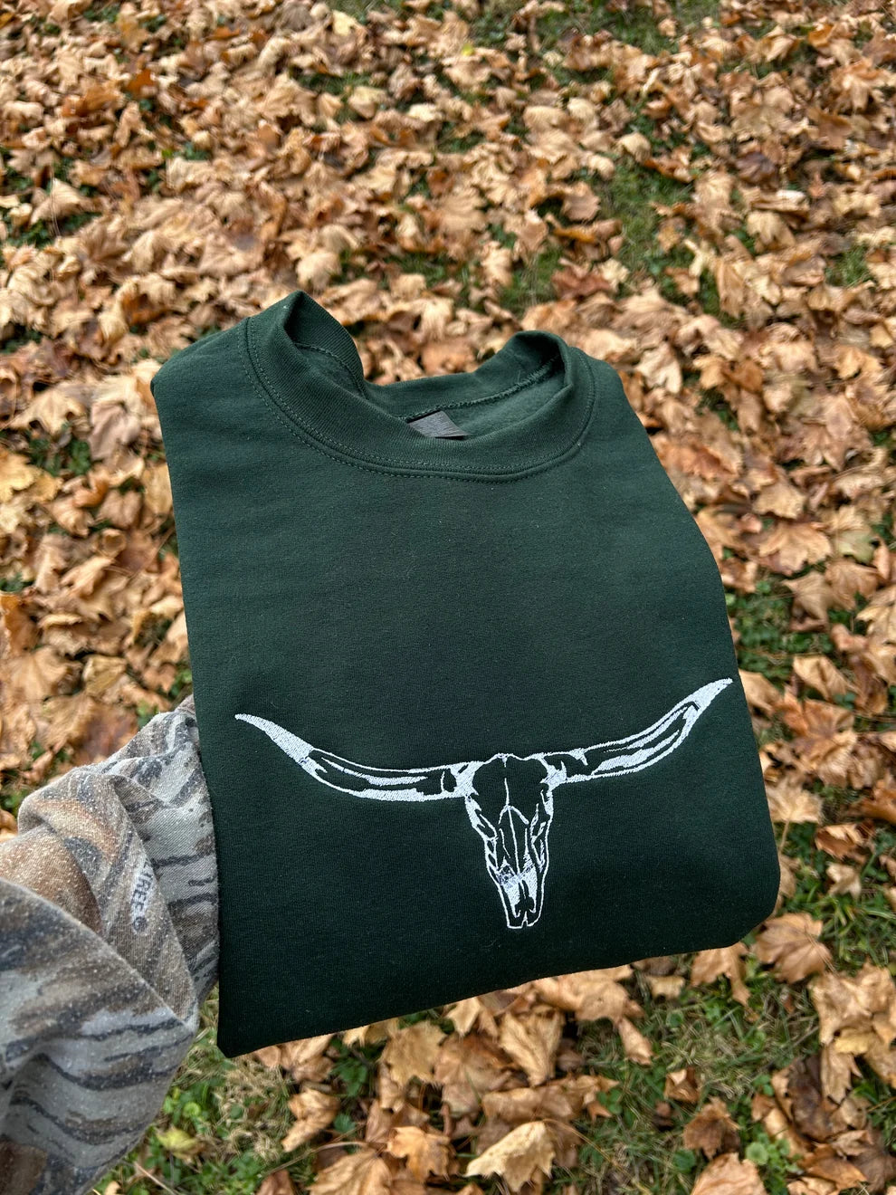 Embroidered Longhorn Crewneck or Hoodie