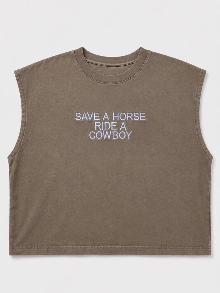 Embroidered Save A Horse Ride A Cowboy Cropped Tank Top