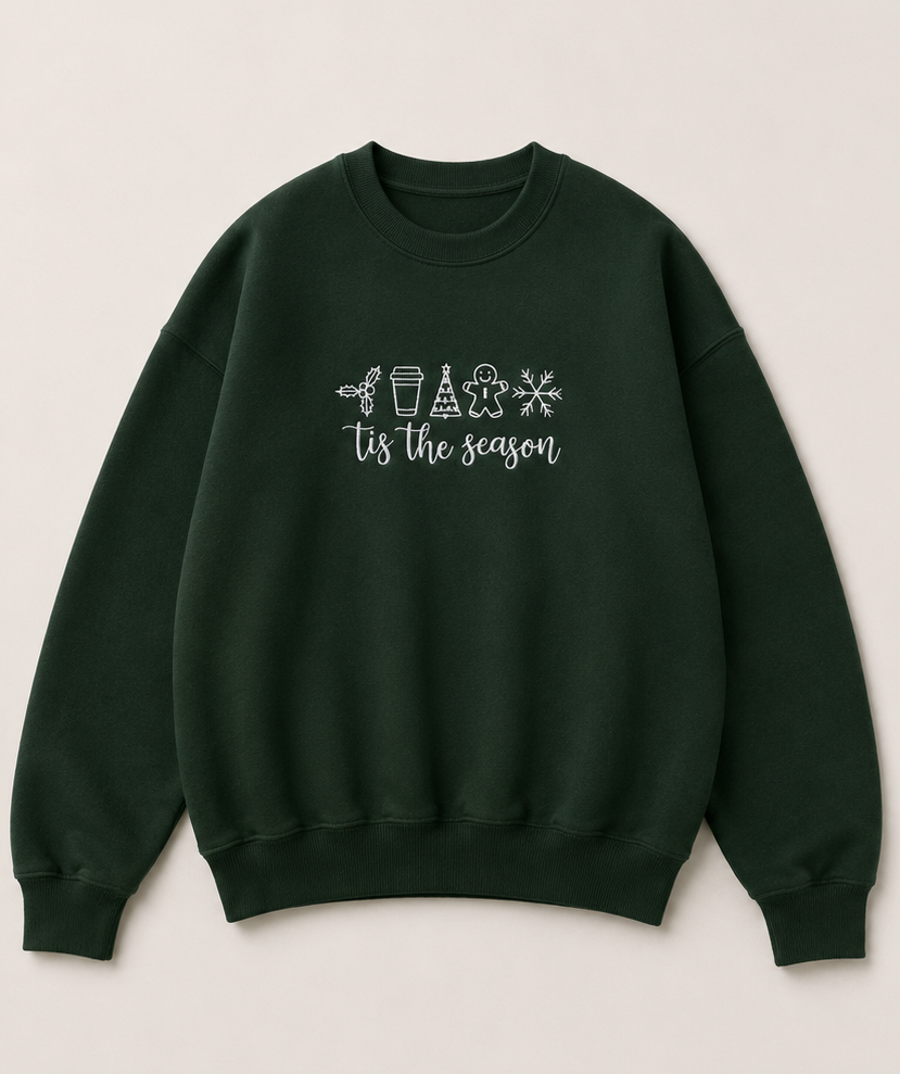 Embroidered Christmas Tis The Season Crewneck or Hoodie