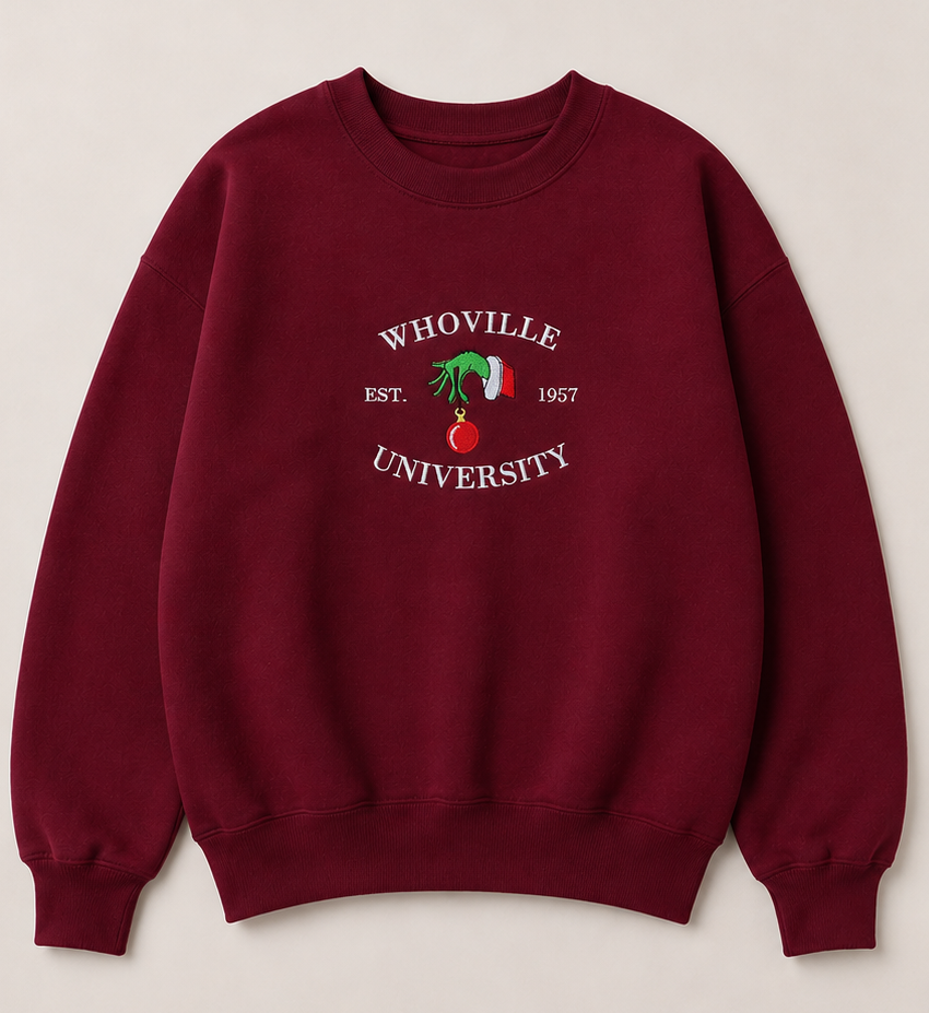 Embroidered Christmas Whoville University Crewneck or Hoodie